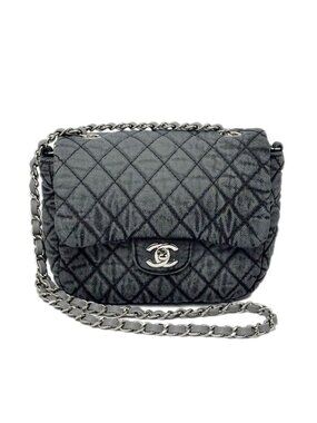 Chanel Bag Quilted Chain Shoulder Washed Denim Black Gray Silver